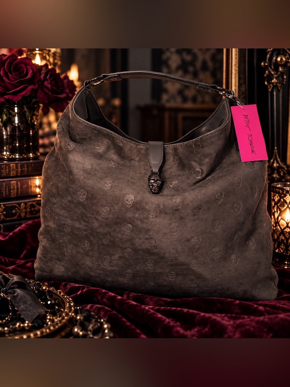 Betsey Johnson XOTELLY Grey Suede Skull-Embossed Shoulder Hobo